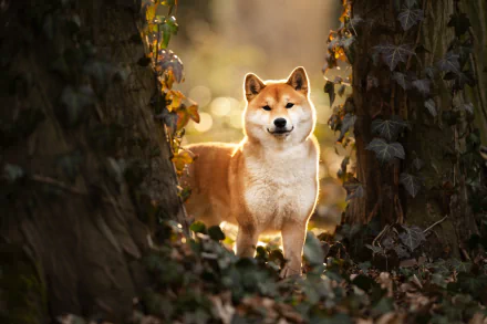 A Shiba Inu standing between tree trunks in a softly lit forest, captured in 4K Ultra HD for a PC desktop wallpaper.