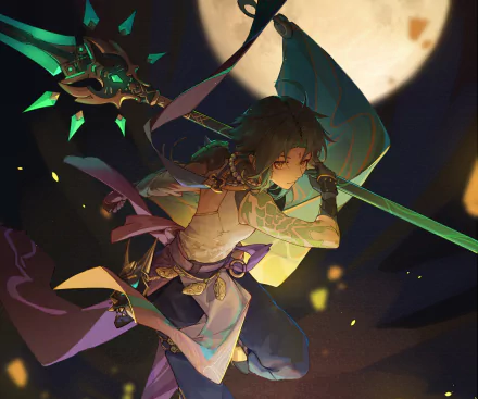 HD PC desktop wallpaper featuring Xiao from the video game Genshin Impact, showcasing dynamic action with vibrant colors and detailed character design.