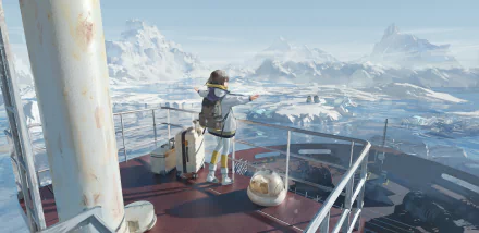 Anime girl in winter gear stands on a ship's deck, overlooking a vast icy landscape, rendered in 4K Ultra HD for a crisp PC desktop wallpaper and background.