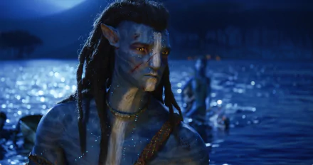 HD desktop wallpaper featuring a character from Avatar: The Way of Water set against a nocturnal aquatic scene for a serene background.