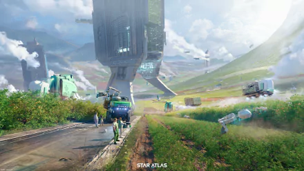 HD desktop wallpaper of the video game Star Atlas, featuring a futuristic landscape with large structures, green fields, and various vehicles.