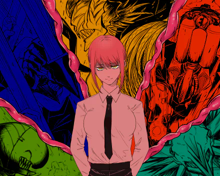 HD anime desktop wallpaper featuring Makima from Chainsaw Man, with vivid multicolored demonic hands surrounding her intense and composed figure.