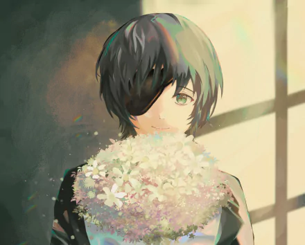 HD anime desktop wallpaper featuring Himeno from Chainsaw Man holding a bouquet of white flowers, softly lit by natural light through a window.