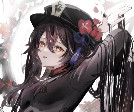 HD PC desktop wallpaper of Hu Tao from the video game Genshin Impact, showcasing her detailed design and vibrant colors in an artistic style.