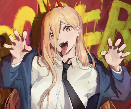 HD anime wallpaper featuring Power from Chainsaw Man with a playful expression and vibrant background, capturing the series' dynamic energy and style.