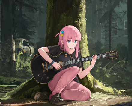Anime character Hitori Gotou from Bocchi the Rock! playing a guitar while sitting against a tree in a forest. HD desktop wallpaper and background.