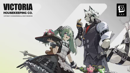 HD PC desktop wallpaper featuring Von Lycaon and a green-haired character from the video game Zenless Zone Zero, showcasing detailed, stylish designs.