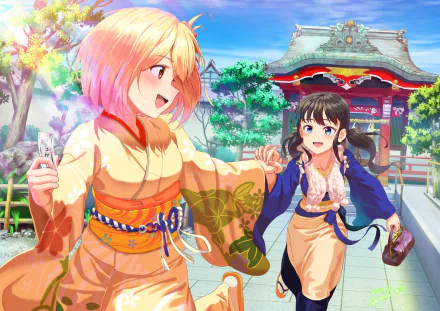 HD anime desktop wallpaper featuring Takina Inoue and Chisato Nishikigi from Lycoris Recoil, dressed in traditional attire against a vibrant, colorful temple backdrop.