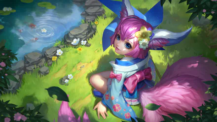 HD desktop wallpaper featuring a vibrant character from the video game Mobile Legends: Bang Bang in a colorful, detailed outdoor setting.