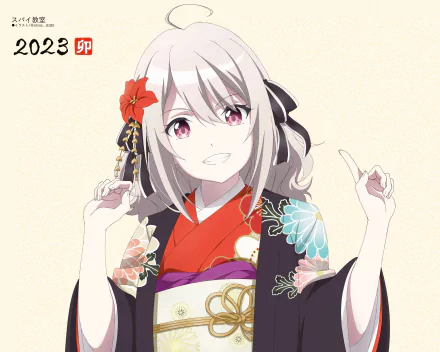 Lily (Spy Classroom) from Spy Classroom (Anime) in a floral kimono with red hair ornament, smiling — 2K Quad HD PC desktop wallpaper/background.