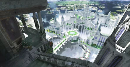 HD fantasy cityscape showcasing sprawling white castles and intricate architecture viewed from a high vantage point, designed as a detailed PC desktop wallpaper.