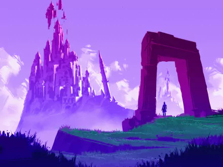 Fantasy cityscape featuring a towering castle on a misty hill, viewed from a grassy area framed by a large stone arch, rendered as an HD PC desktop wallpaper.