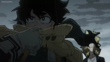 HD desktop wallpaper featuring Izuku Midoriya from the anime My Hero Academia in a dramatic, rain-soaked scene with intense expression and action-ready pose.