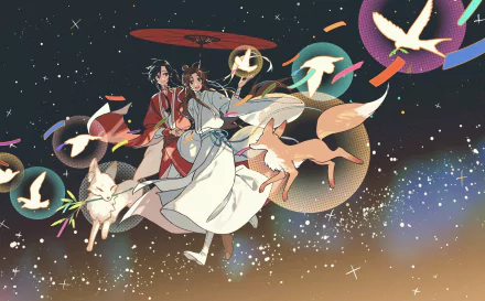 HD PC desktop wallpaper featuring Xie Lian and Hua Cheng from the anime Tian Guan Ci Fu, surrounded by glowing orbs, flying foxes, and white birds against a starry sky.