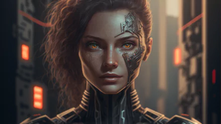 8K Ultra HD PC desktop wallpaper — sci-fi AI art of a woman warrior with cybernetic facial implants, glowing amber eyes and futuristic armor against a neon industrial backdrop.