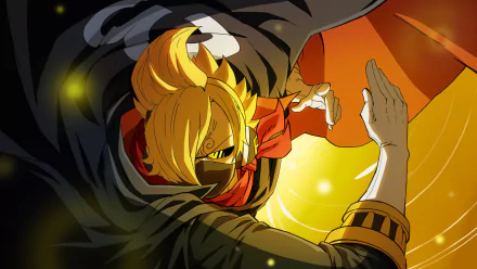 HD anime wallpaper featuring Sanji from One Piece in dynamic action pose with vibrant yellow and black tones, designed for PC desktop backgrounds.