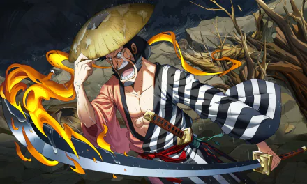 HD PC desktop wallpaper featuring Kin'emon from One Piece anime, depicted wielding a sword with a dynamic fiery background.