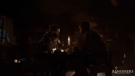 HD wallpaper of two people having an intense conversation by candlelight, for Banishers: Ghosts of New Eden desktop background.