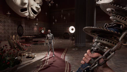 HD wallpaper of Atomic Heart video game featuring a first-person view of a character holding futuristic weapons in a richly detailed room with a humanoid robot in front.