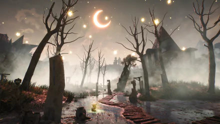 HD Blacktail game wallpaper featuring a mystical forest with crescent moon and lanterns - desktop background.