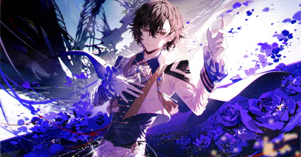 4K Ultra HD anime wallpaper featuring Osamu Dazai from Bungou Stray Dogs, surrounded by dark, swirling shadows and vibrant purple roses.