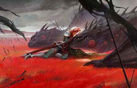 Fantasy HD PC desktop wallpaper depicting a knight kneeling in red grass beside two massive dragon heads under a stormy sky.