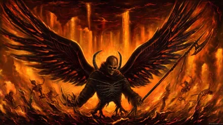 A striking HD desktop wallpaper featuring a dark angel with massive wings, standing amidst a fiery abyss, embodying themes of the occult and power.