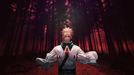 HD PC desktop wallpaper featuring Yuji Itadori with Sukuna's markings from the anime Jujutsu Kaisen, set against a dark, eerie red forest background.