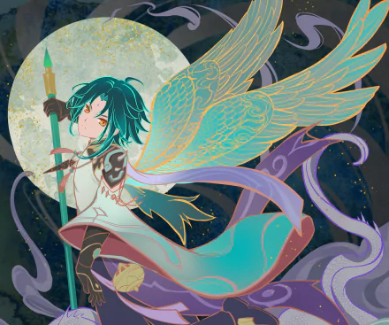 HD PC desktop wallpaper featuring Xiao from Genshin Impact with glowing wings and a full moon backdrop in a detailed, vibrant video game art style.