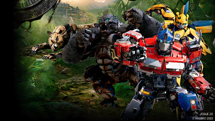 8K Ultra HD desktop wallpaper featuring Hasbro’s Transformers from the movie Transformers: Rise of the Beasts, showcasing iconic characters in a jungle setting.