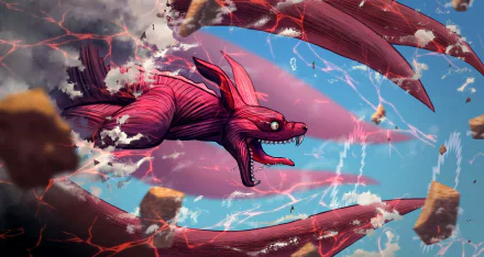 4K Ultra HD anime wallpaper featuring Kyūbi from Naruto, showcasing the fierce nine-tailed fox soaring through a vibrant sky with dynamic energy and clouds.