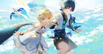 Scaramouche and Lumine from Genshin Impact depicted in a vibrant 4K Ultra HD PC desktop wallpaper, capturing the game's dynamic and colorful art style.