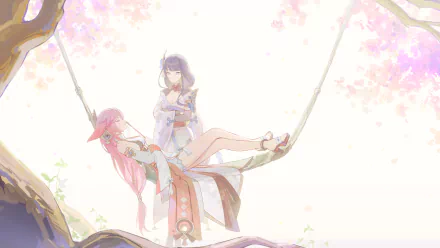 4K Ultra HD Genshin Impact wallpaper featuring Yae Miko Guuji and Baal Raiden Shogun in a serene, softly lit scene on a swing.