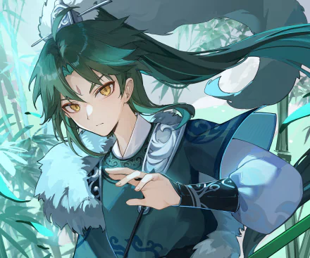 HD PC desktop wallpaper featuring Xiao from the video game Genshin Impact in a dynamic pose with vibrant blue and green tones.