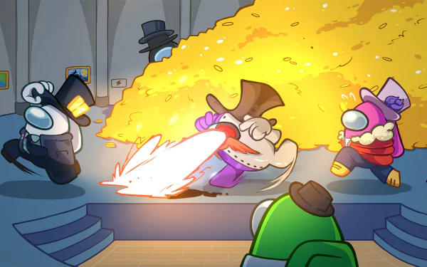 A vibrant HD wallpaper featuring characters from Among Us in a heist scene, with one character fleeing amid a pile of gold, creating an engaging video game atmosphere.