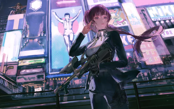 Dolla (NIKKE) from the video game NIKKE: Goddess of Victory, standing with rifle against a neon billboard cityscape — 5K Ultra HD PC desktop wallpaper/background.