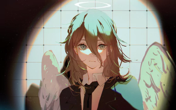 HD anime desktop wallpaper featuring Angel Devil from Chainsaw Man, with soft lighting highlighting his wings, halo, and contemplative expression.