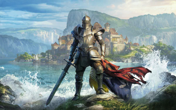HD PC desktop wallpaper featuring a knight in armor overlooking a coastal castle, from the video game The Elder Scrolls Online: High Isle.