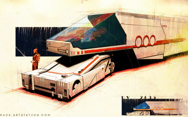 HD desktop wallpaper featuring a futuristic sci-fi vehicle and a lone figure beside it, rendered in a dynamic, sketch-style illustration.