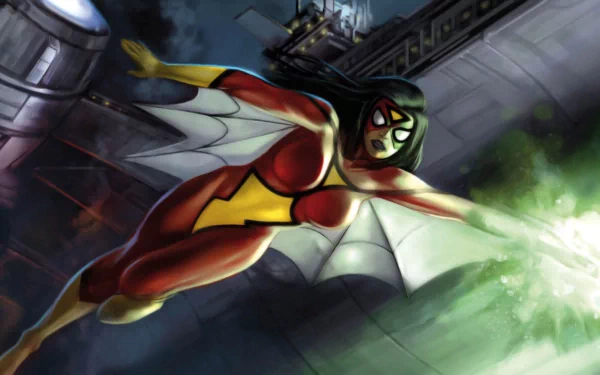 HD PC desktop wallpaper of Spider-Woman from Marvel Ultimate Alliance, depicted soaring through an industrial setting with dynamic lighting and vibrant colors.