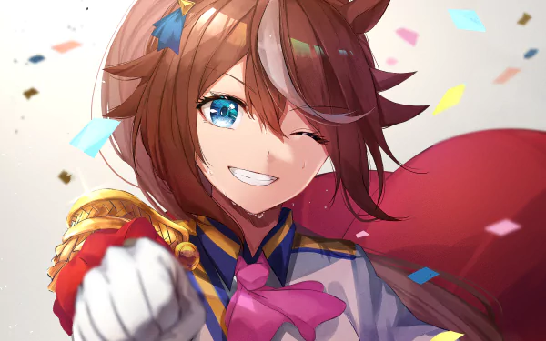 2K Quad HD PC desktop wallpaper of Tokai Teio from the anime Uma Musume: Pretty Derby — winking, smiling, gloved fist forward, wearing a red cape with confetti.