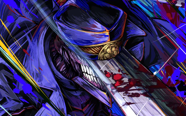 HD PC desktop wallpaper featuring Katana Man from the anime Chainsaw Man, showcasing his blood-stained katana and intense expression in vibrant colors.