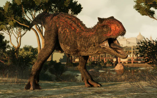 HD PC desktop wallpaper featuring a detailed dinosaur from the video game Jurassic World Evolution 2 in a natural, park-like environment.