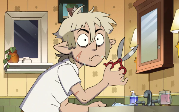 HD PC desktop wallpaper featuring Hunter from the TV show The Owl House in a humorous bathroom scene holding scissors.