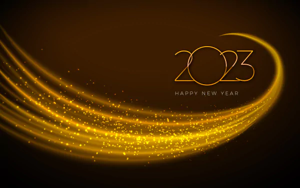 Holiday New Year 2023 5K Ultra HD PC wallpaper: golden sparkling swoosh across a dark background with stylized 2023 and Happy New Year text.