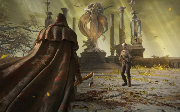 Elden Ring video game 4K Ultra HD PC desktop wallpaper: cloaked figure faces a lone fighter in a ruined, sunlit courtyard with a towering draped statue and swirling golden leaves.