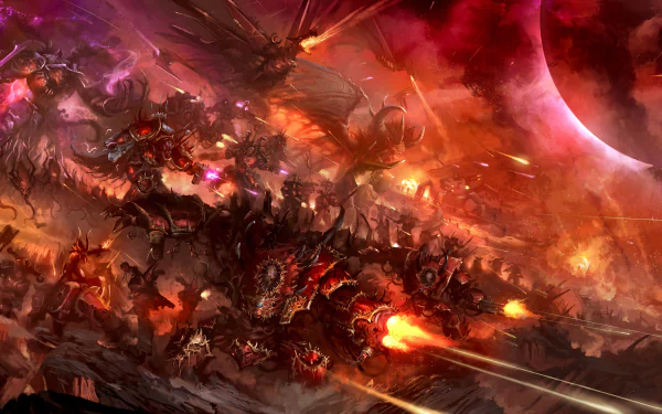 HD Warhammer 40k video game desktop wallpaper depicting a fiery battle scene with armored warriors and a blood-red celestial backdrop.