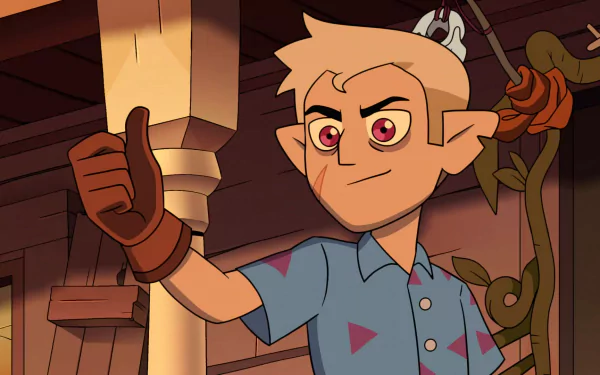 HD PC desktop wallpaper featuring Hunter from the TV show The Owl House, showcasing his confident expression and thumbs-up gesture in the animated setting.