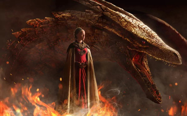 HD desktop wallpaper featuring Rhaenys Targaryen from the TV show House of the Dragon, standing amid flames with a dragon looming behind her.