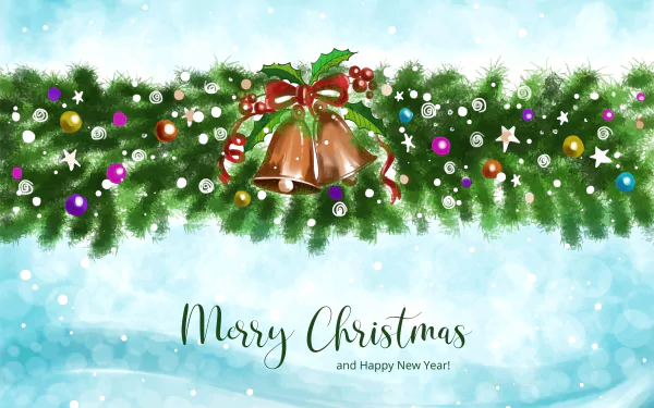 8K Ultra HD Christmas holiday wallpaper featuring festive bells, colorful ornaments, and greenery with a snowy background and Merry Christmas and Happy New Year text.